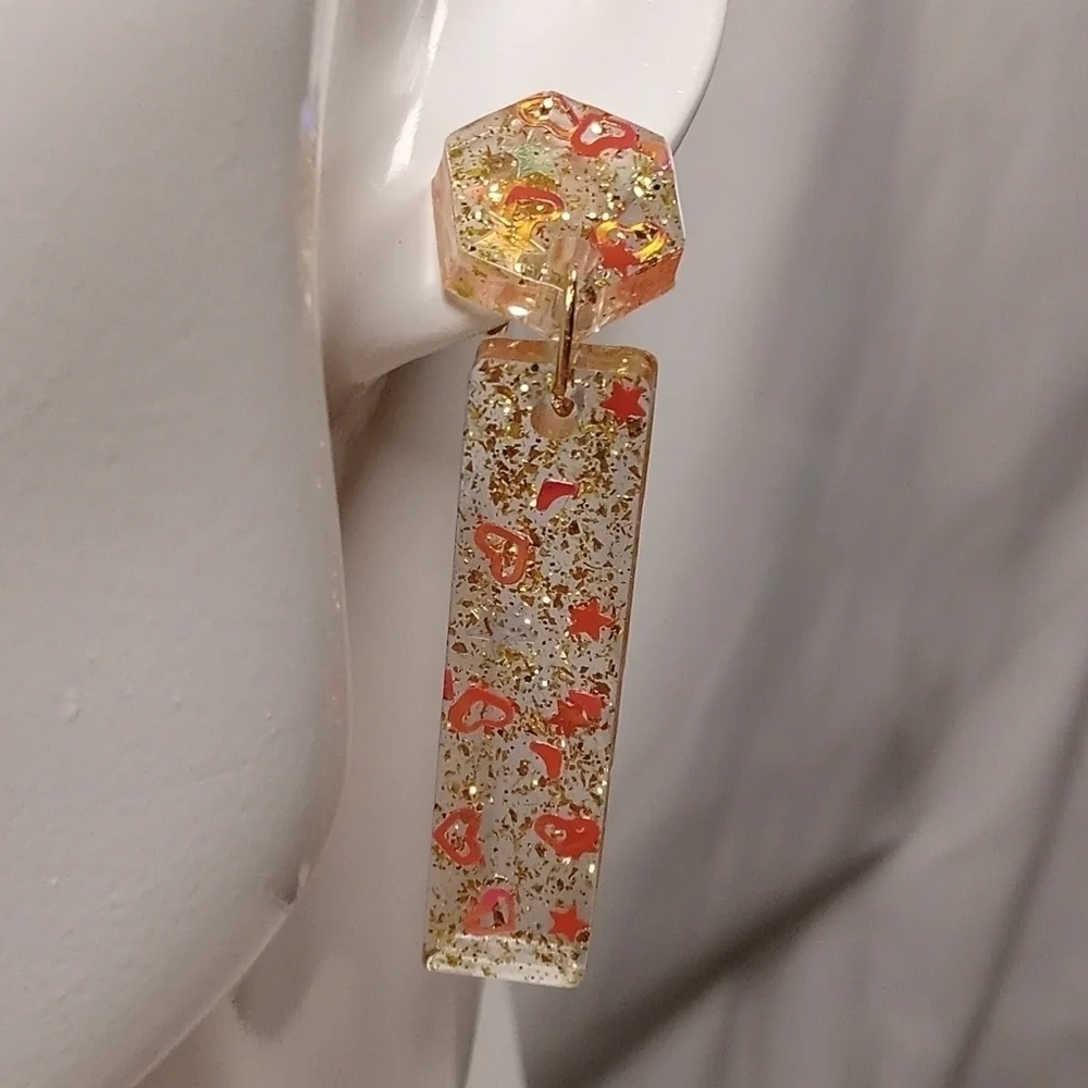 CLEARANCE Hand crafted resin Coral hearts and transparent stars earrings